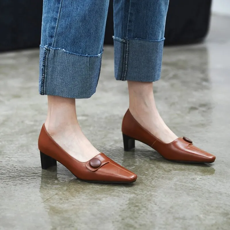 Square heel Genuine Leather Square Toe Shoes