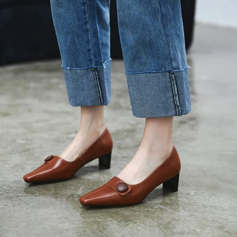 Square heel Genuine Leather Square Toe Shoes