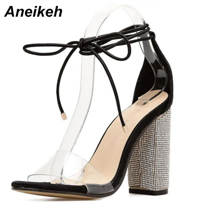 Square Heels Crystal Heeled Platform Shoes