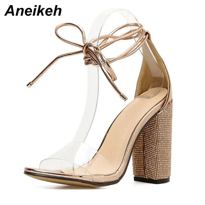 Square Heels Crystal Heeled Platform Shoes
