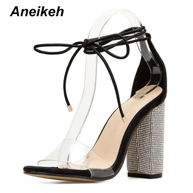 Square Heels Crystal Heeled Platform Shoes