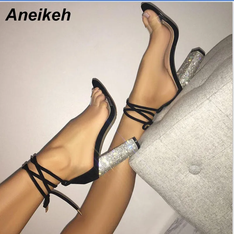 Square Heels Crystal Heeled Platform Shoes