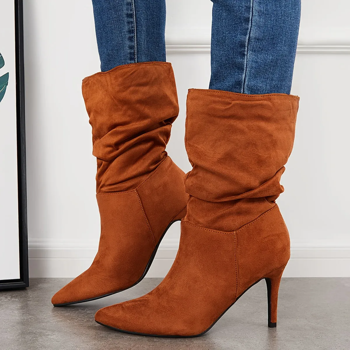 Stiletto Heeled Point Toe Mid Calf Boots