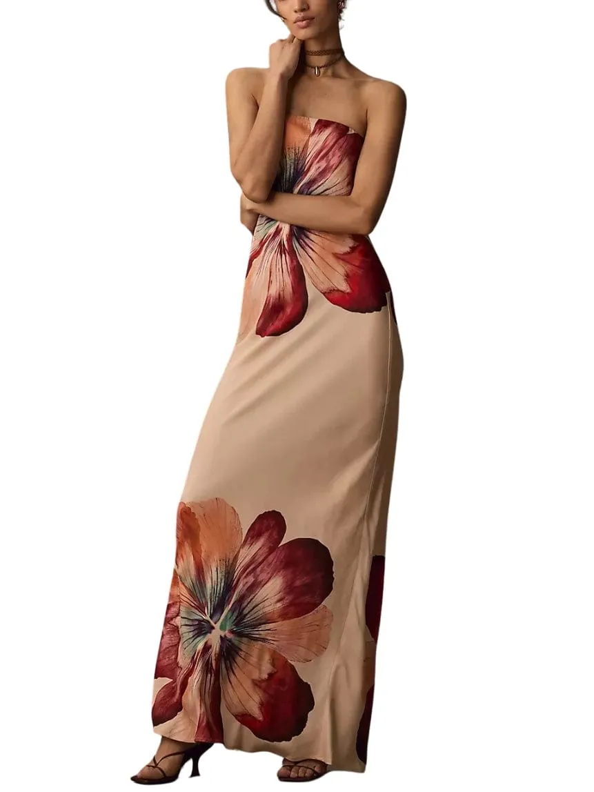 Strapless Satin Maxi Slip Dress in Beige Floral