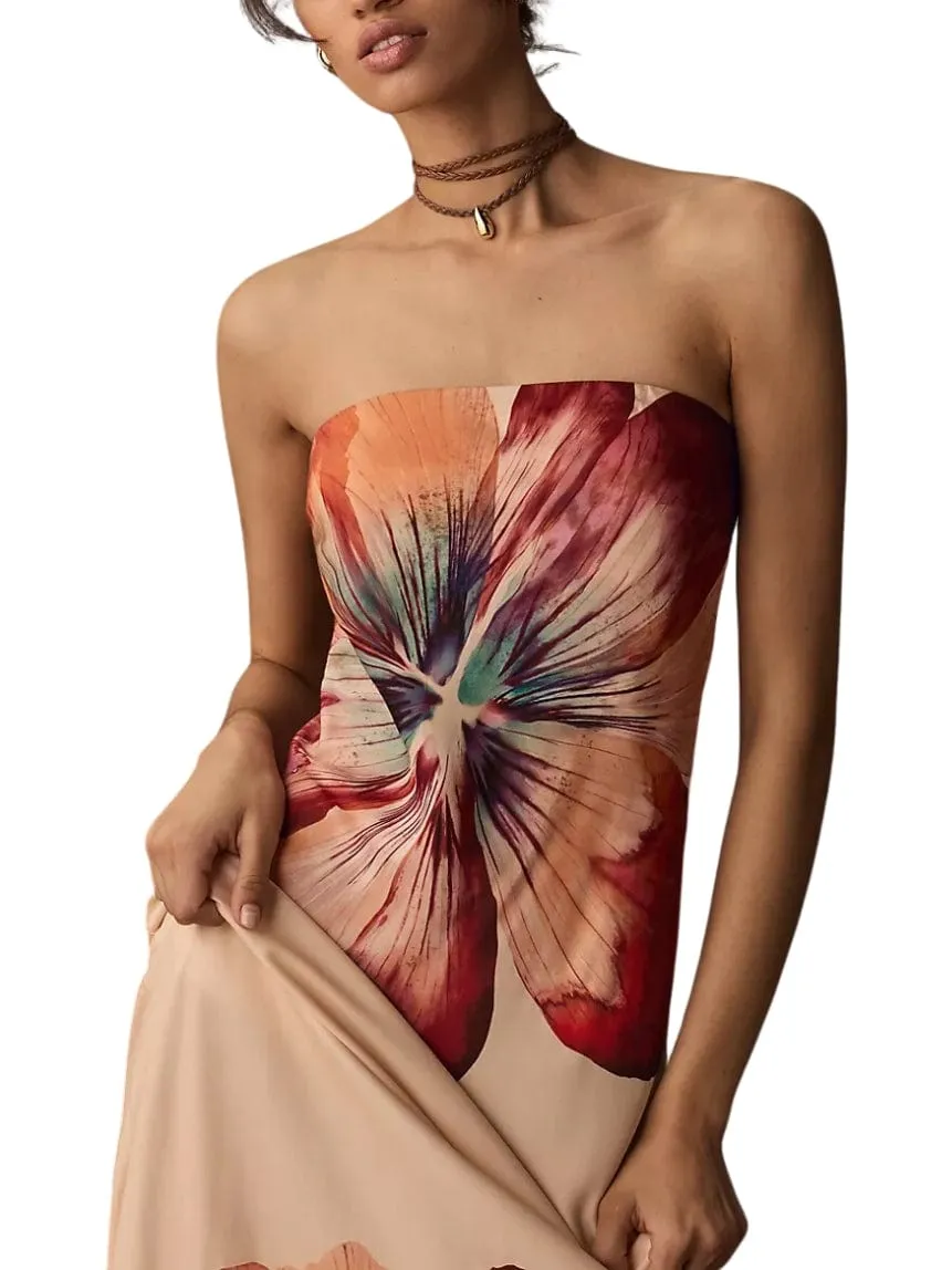 Strapless Satin Maxi Slip Dress in Beige Floral