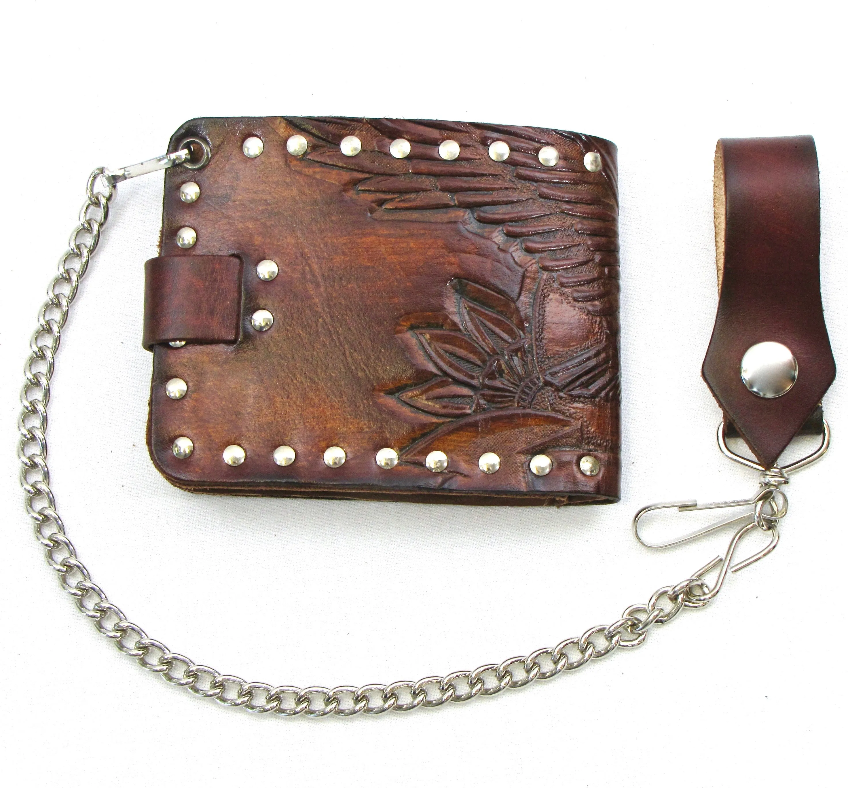 Studded Antique Finish Billfold w/Chain- Eagle