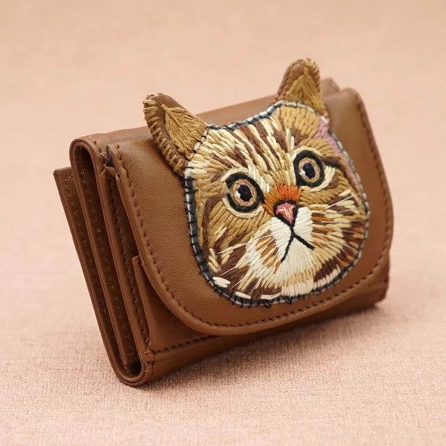 TAMAO WORLD Sheep Leather Embroidery Cat Mini Wallet Brown Cat Camel