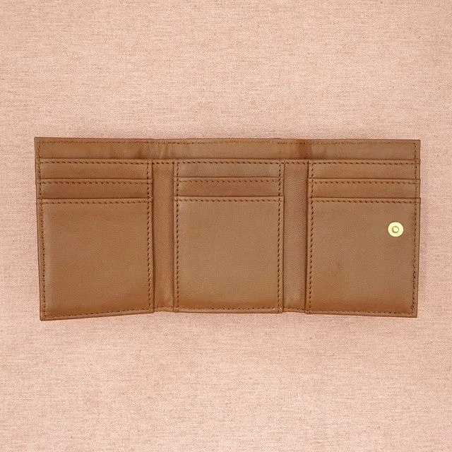 TAMAO WORLD Sheep Leather Embroidery Cat Mini Wallet Brown Cat Camel
