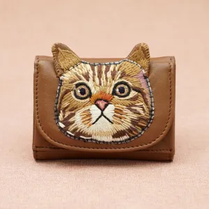 TAMAO WORLD Sheep Leather Embroidery Cat Mini Wallet Brown Cat Camel