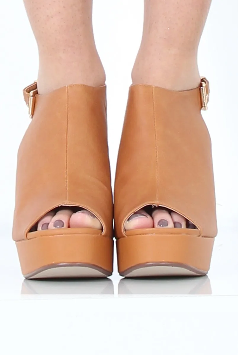 Tan Peep Toe Block Heels - Nadine