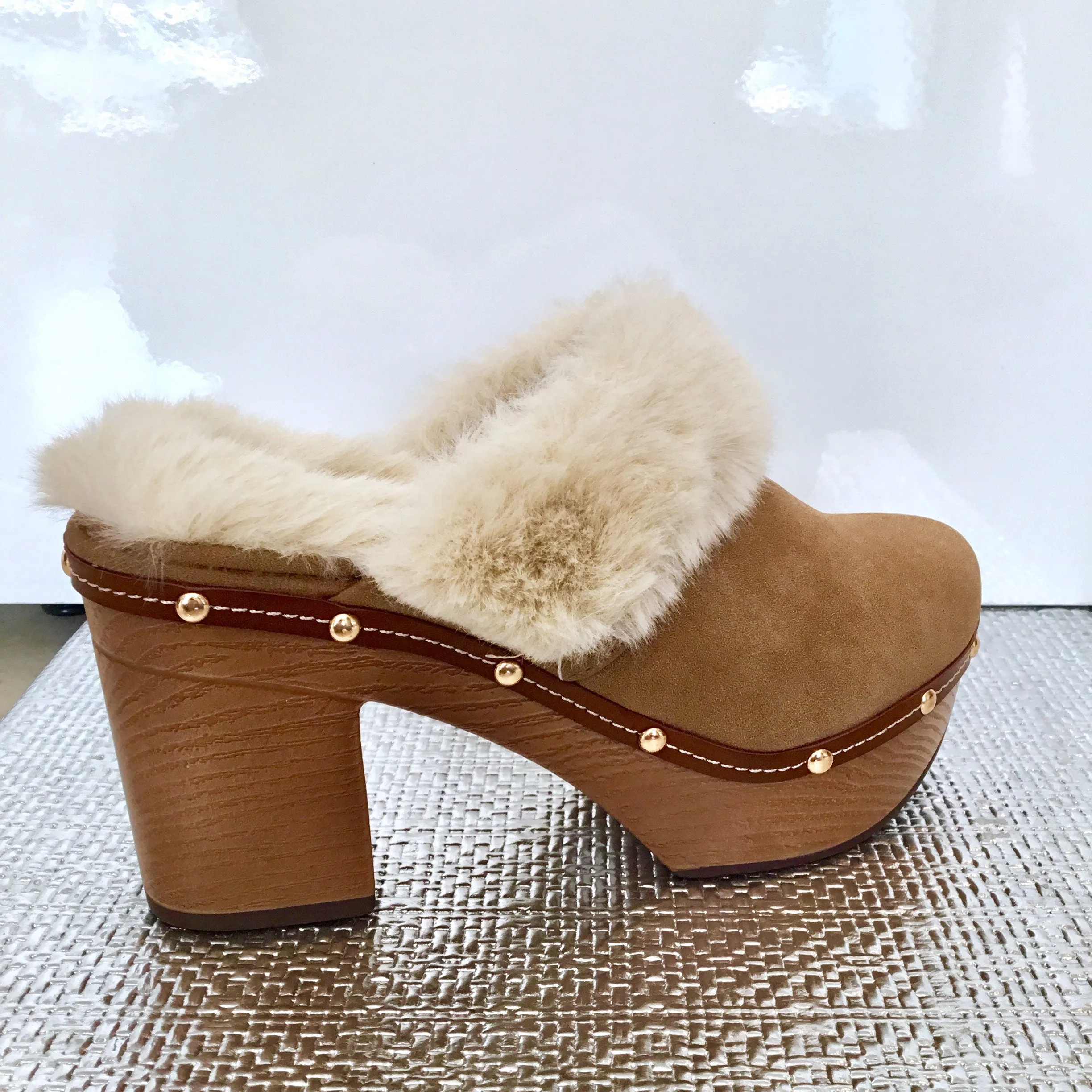 Taupe Fur Clogs