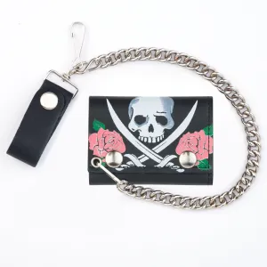 TC304CC-217  Tri-Fold Wallet w/ Chain- Jolly Roger w/ Roses