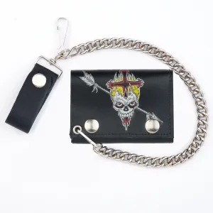 TC304CC-95  Tri-Fold Wallet w/ Chain- Flaming Skull w/ Arrow