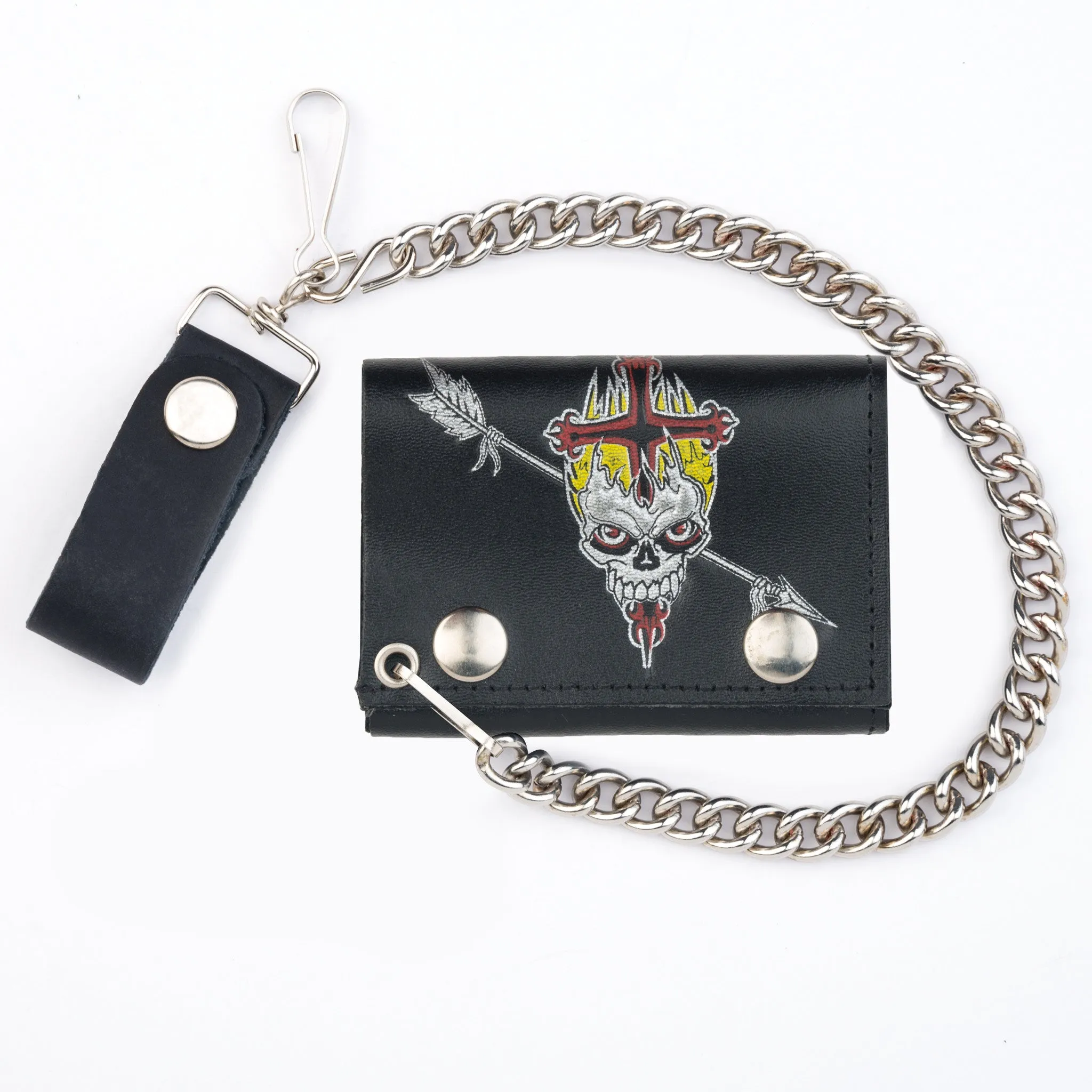 TC304CC-95  Tri-Fold Wallet w/ Chain- Flaming Skull w/ Arrow