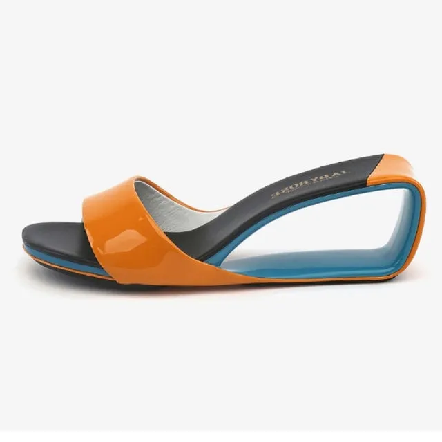 Thick High Heels Wedges Peep Toe Cutout Genuine Leather