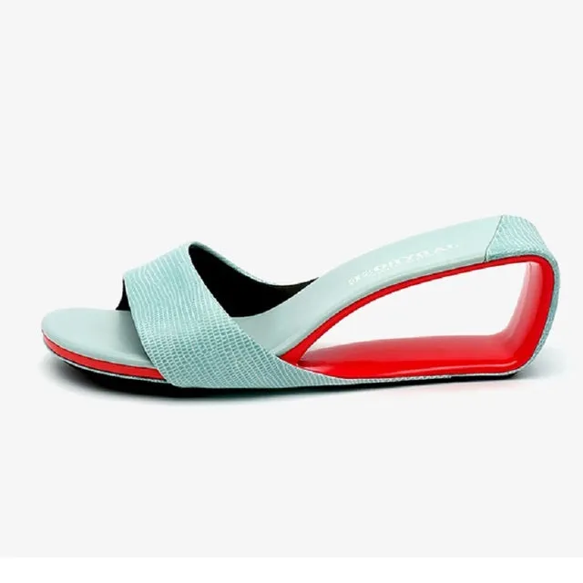 Thick High Heels Wedges Peep Toe Cutout Genuine Leather