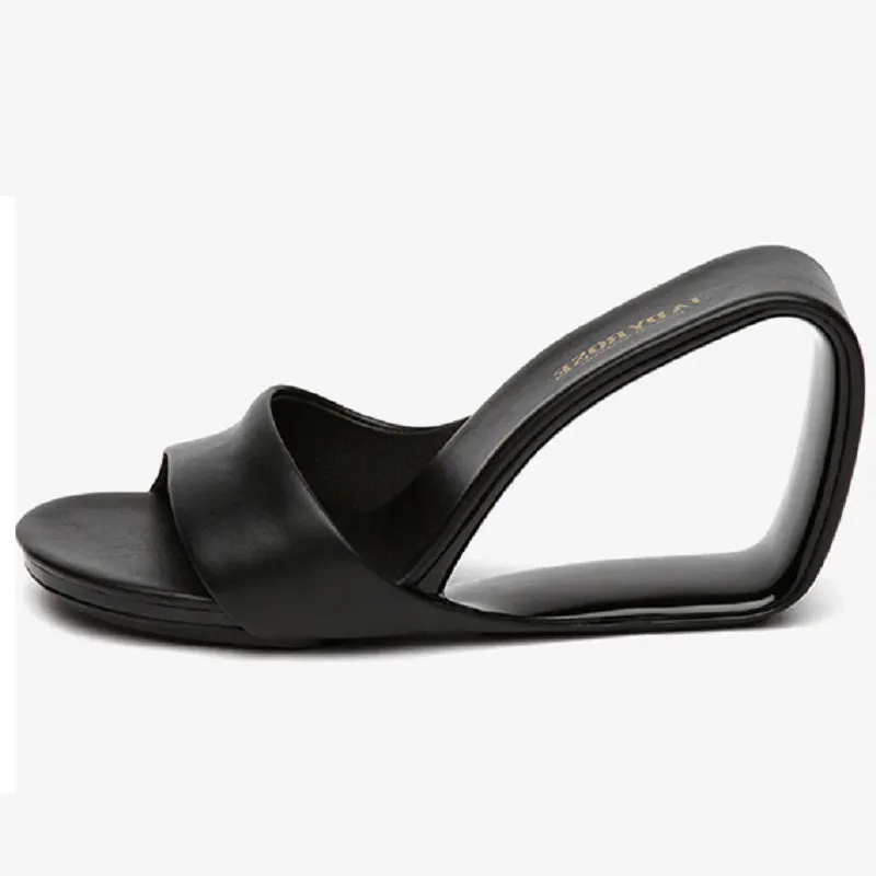 Thick High Heels Wedges Peep Toe Cutout Genuine Leather