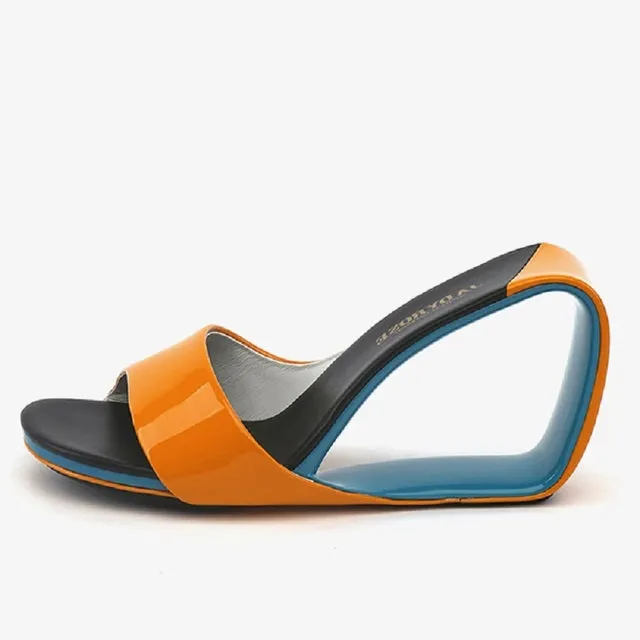 Thick High Heels Wedges Peep Toe Cutout Genuine Leather