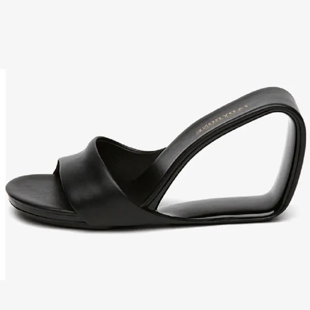 Thick High Heels Wedges Peep Toe Cutout Genuine Leather