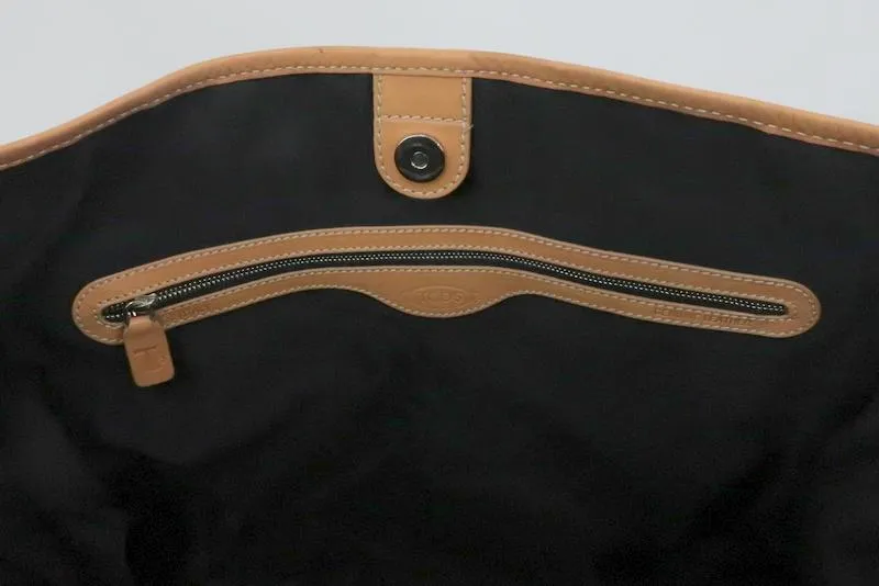 Tod's Toujours Media Tote Black Coated Canvas & Tan Leather Large Shoulder Bag