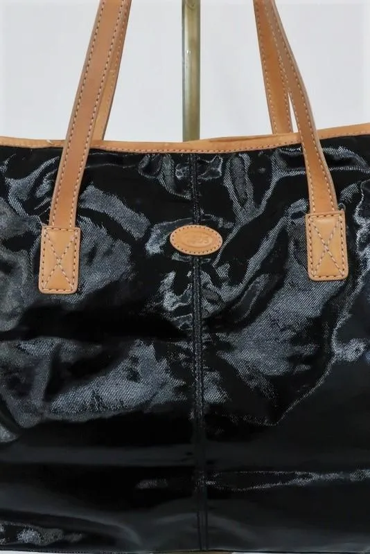 Tod's Toujours Media Tote Black Coated Canvas & Tan Leather Large Shoulder Bag