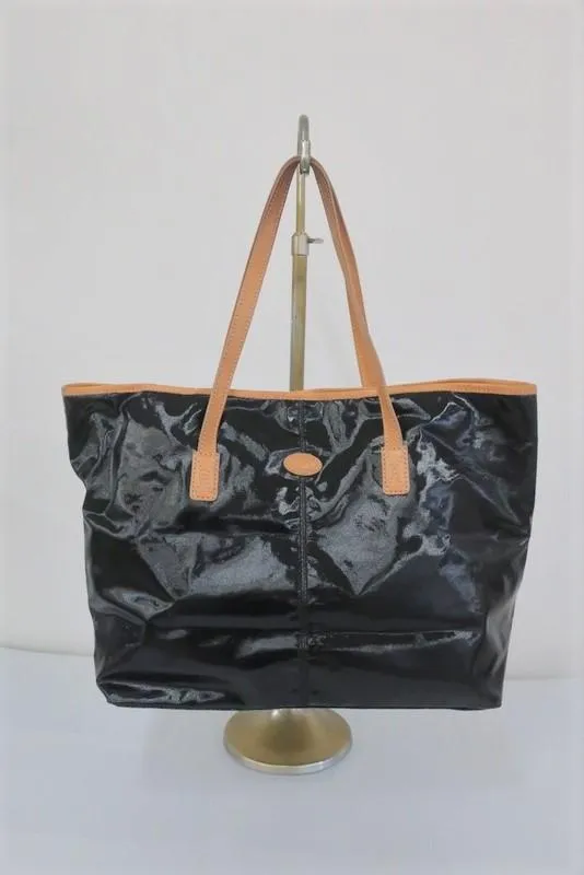 Tod's Toujours Media Tote Black Coated Canvas & Tan Leather Large Shoulder Bag