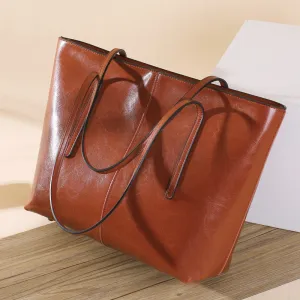 Top Grain Leather Tote Bag For Women Casual Large Shoulder Bag Simple Style Handbags Gift For Her