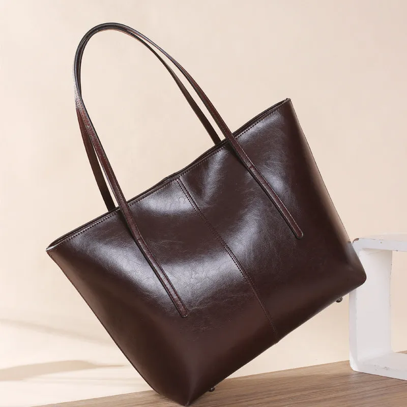 Top Grain Leather Tote Bag For Women Casual Large Shoulder Bag Simple Style Handbags Gift For Her