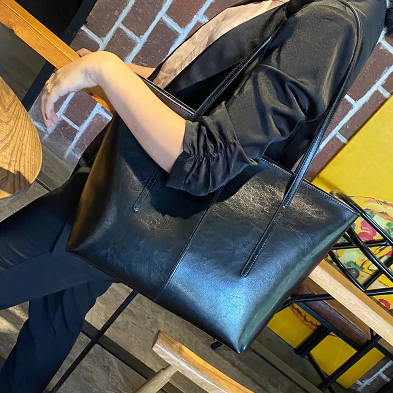 Top Grain Leather Tote Bag For Women Casual Large Shoulder Bag Simple Style Handbags Gift For Her