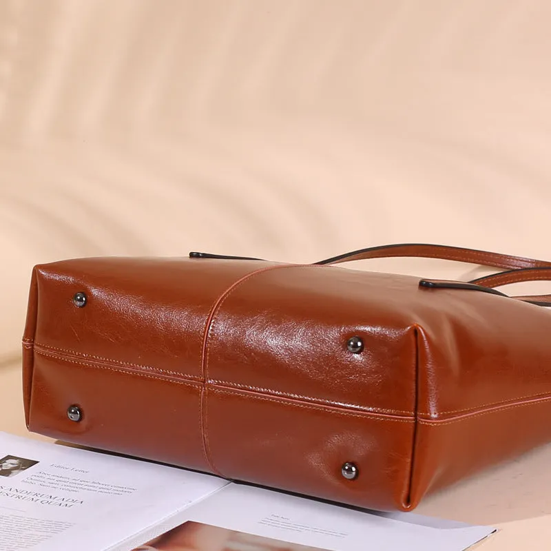 Top Grain Leather Tote Bag For Women Casual Large Shoulder Bag Simple Style Handbags Gift For Her
