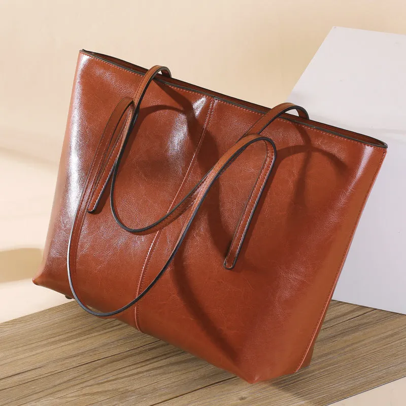 Top Grain Leather Tote Bag For Women Casual Large Shoulder Bag Simple Style Handbags Gift For Her