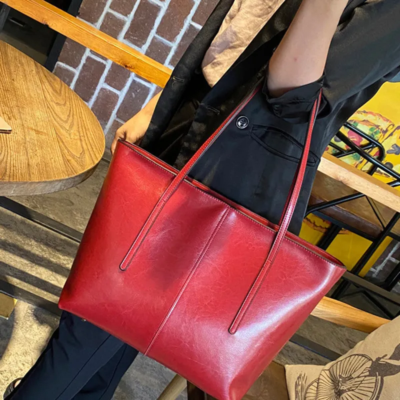 Top Grain Leather Tote Bag For Women Casual Large Shoulder Bag Simple Style Handbags Gift For Her