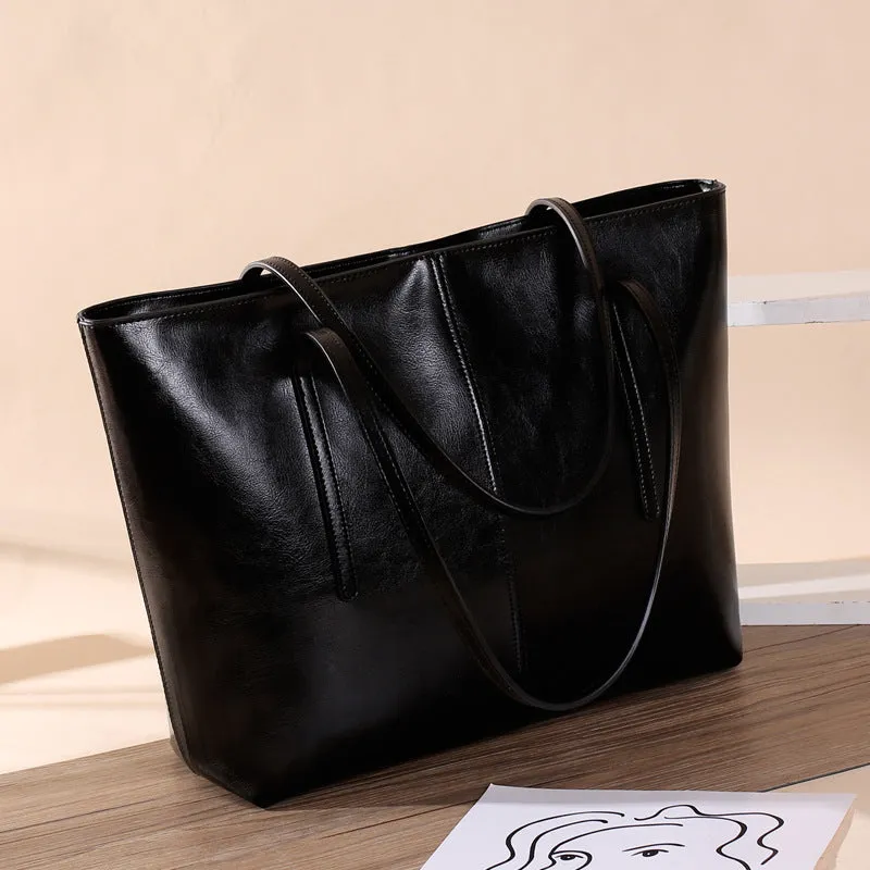 Top Grain Leather Tote Bag For Women Casual Large Shoulder Bag Simple Style Handbags Gift For Her