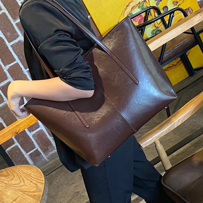 Top Grain Leather Tote Bag For Women Casual Large Shoulder Bag Simple Style Handbags Gift For Her