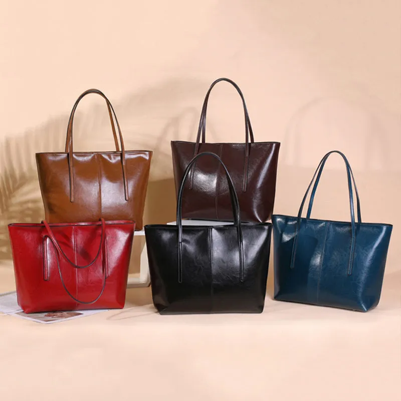 Top Grain Leather Tote Bag For Women Casual Large Shoulder Bag Simple Style Handbags Gift For Her