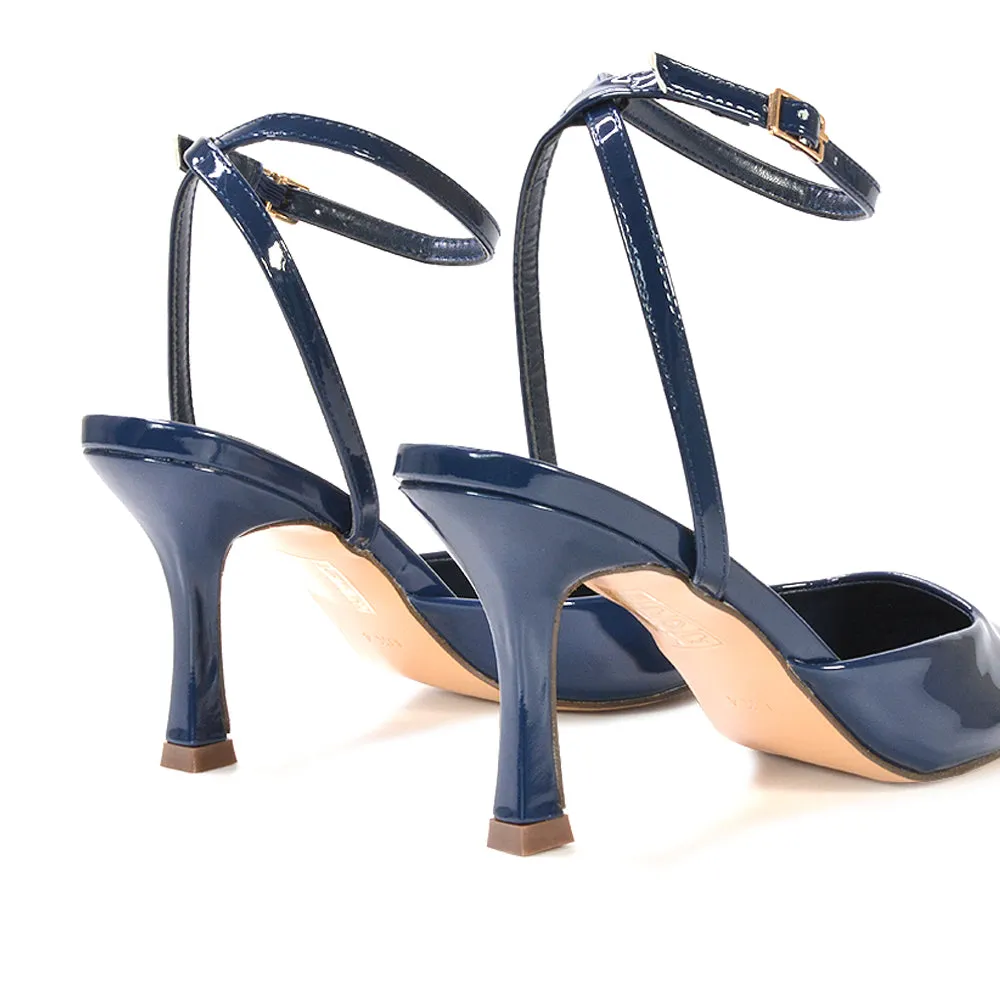 Tori  Point Toe High Heel Stiletto Court Shoes With Ankle Strap in Navy Patent
