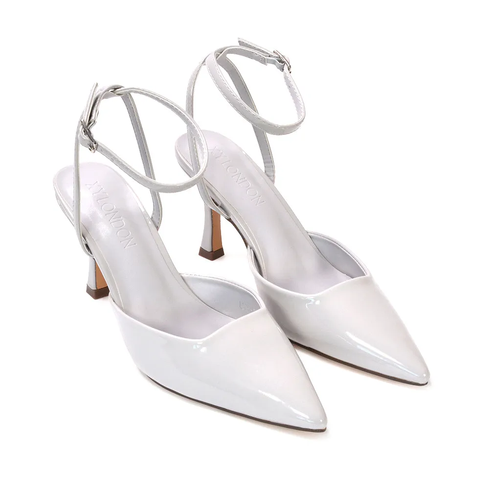 Tori  Point Toe High Heel Stiletto Court Shoes With Ankle Strap in Navy Patent