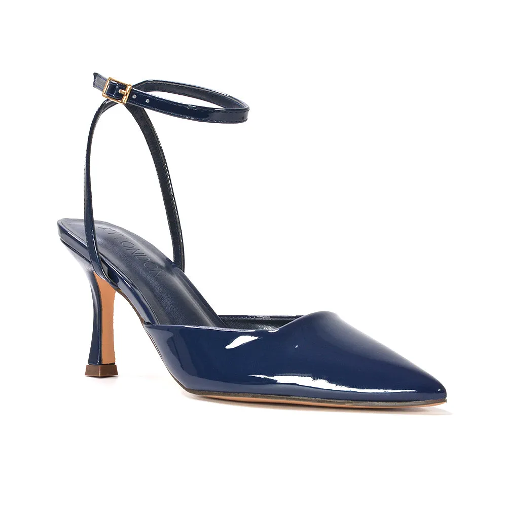 Tori  Point Toe High Heel Stiletto Court Shoes With Ankle Strap in Navy Patent