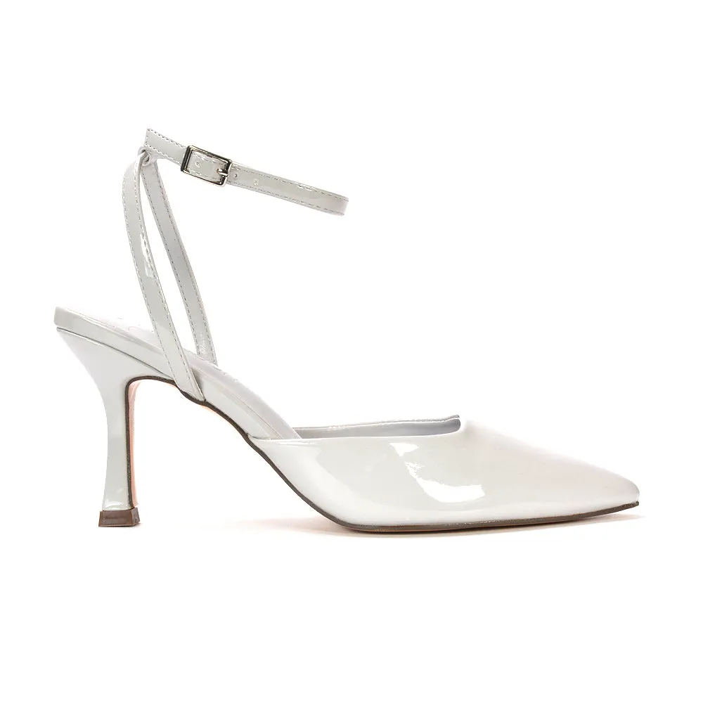 Tori  Point Toe High Heel Stiletto Court Shoes With Ankle Strap in Navy Patent