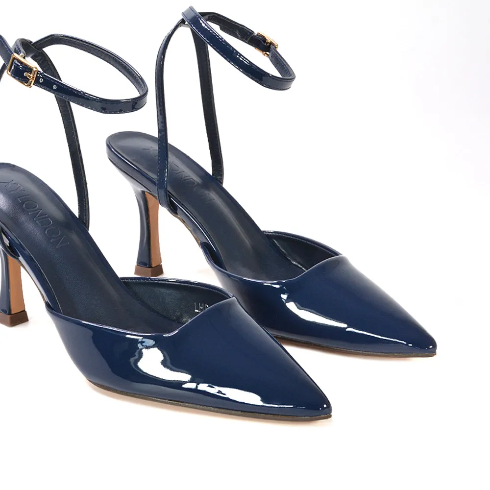 Tori  Point Toe High Heel Stiletto Court Shoes With Ankle Strap in Navy Patent