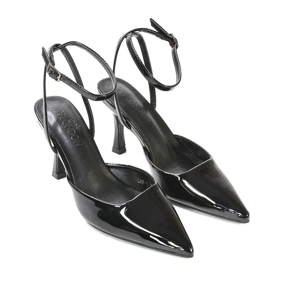 Tori  Point Toe High Heel Stiletto Court Shoes With Ankle Strap in Navy Patent