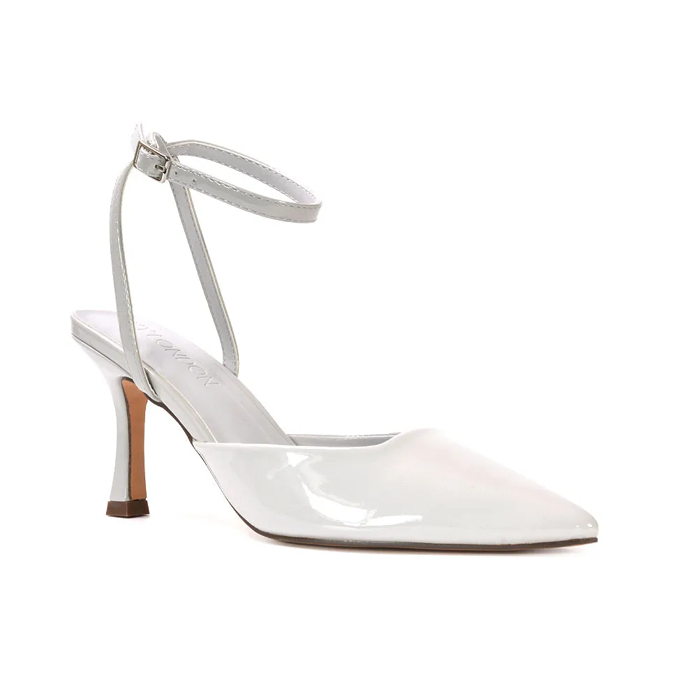 Tori  Point Toe High Heel Stiletto Court Shoes With Ankle Strap in Navy Patent