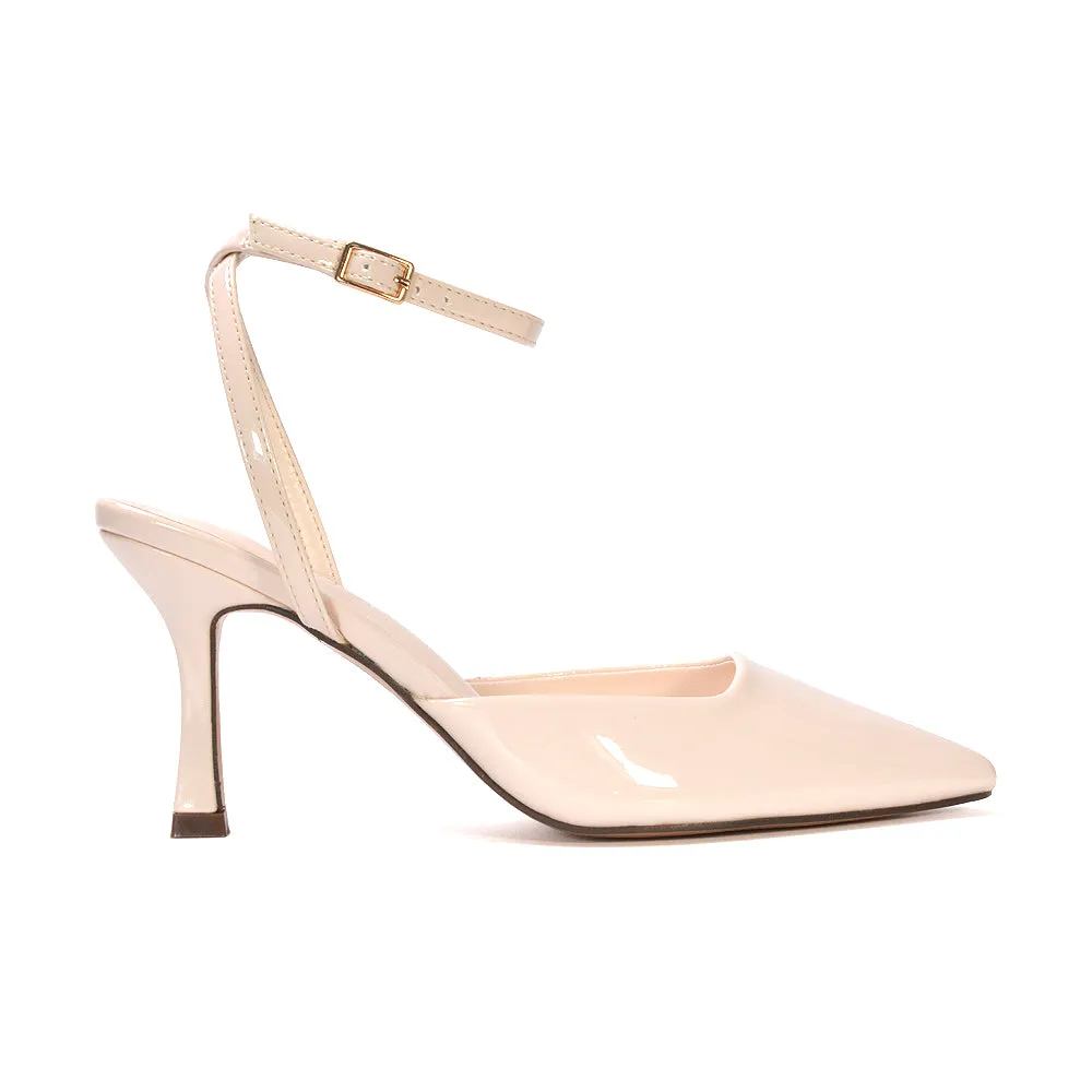 Tori  Point Toe High Heel Stiletto Court Shoes With Ankle Strap in Navy Patent