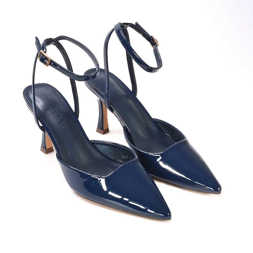 Tori  Point Toe High Heel Stiletto Court Shoes With Ankle Strap in Navy Patent