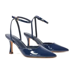 Tori  Point Toe High Heel Stiletto Court Shoes With Ankle Strap in Navy Patent