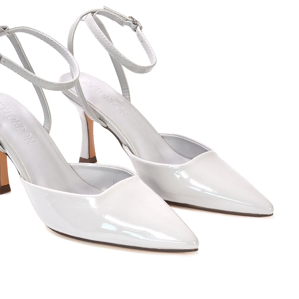 Tori  Point Toe High Heel Stiletto Court Shoes With Ankle Strap in Navy Patent