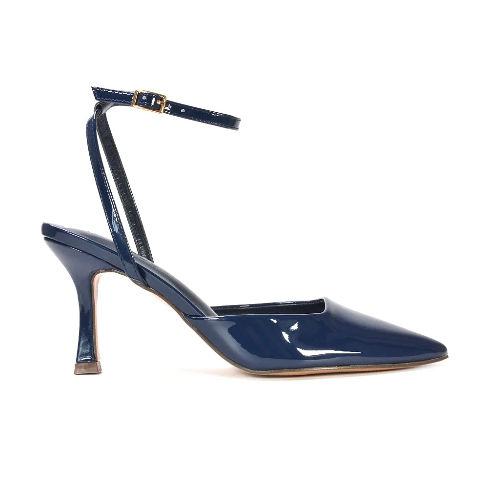 Tori  Point Toe High Heel Stiletto Court Shoes With Ankle Strap in Navy Patent