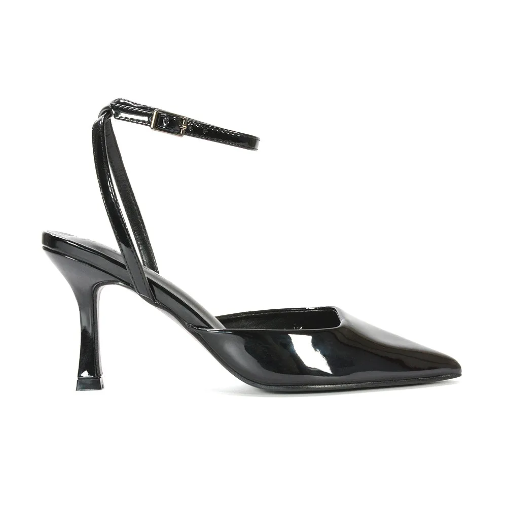 Tori  Point Toe High Heel Stiletto Court Shoes With Ankle Strap in Navy Patent