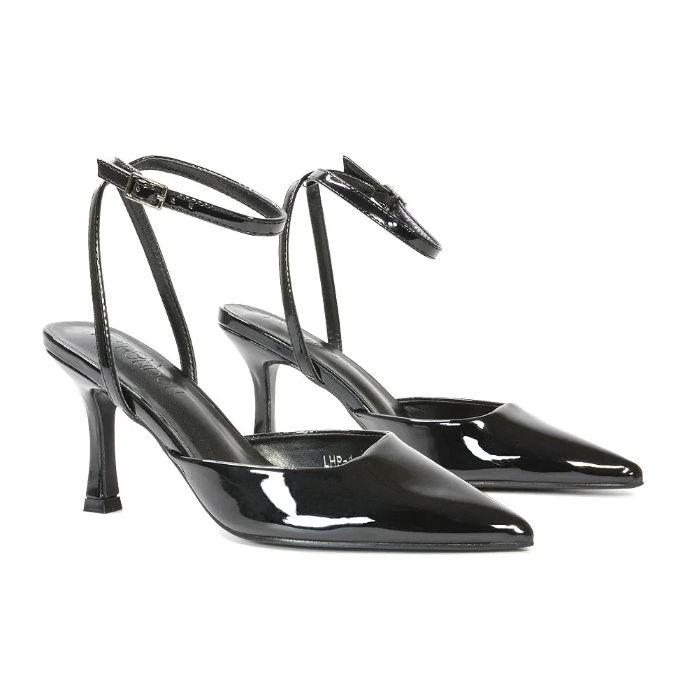 Tori  Point Toe High Heel Stiletto Court Shoes With Ankle Strap in Navy Patent