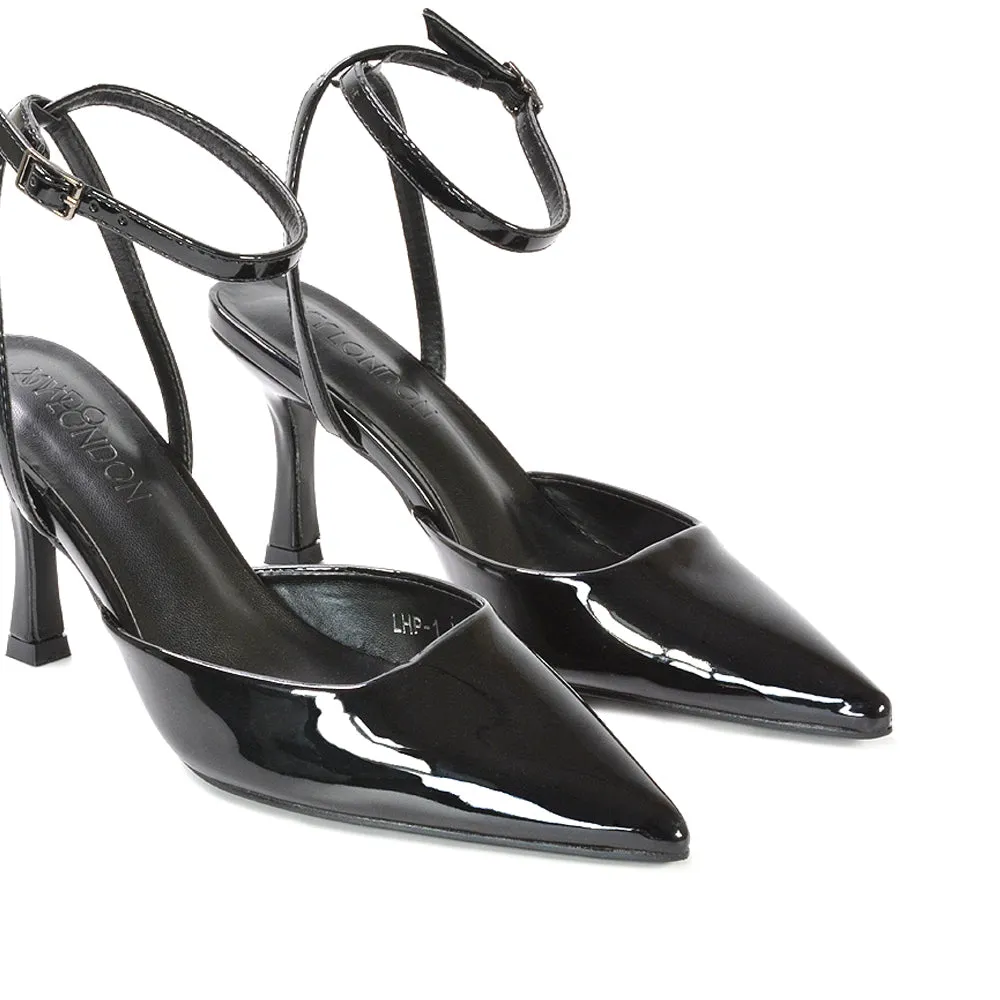 Tori  Point Toe High Heel Stiletto Court Shoes With Ankle Strap in Navy Patent